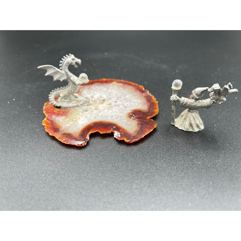 Vintage Pewter Dragon on Agate Slice & Wizard Figurine Fantasy Set 2pc